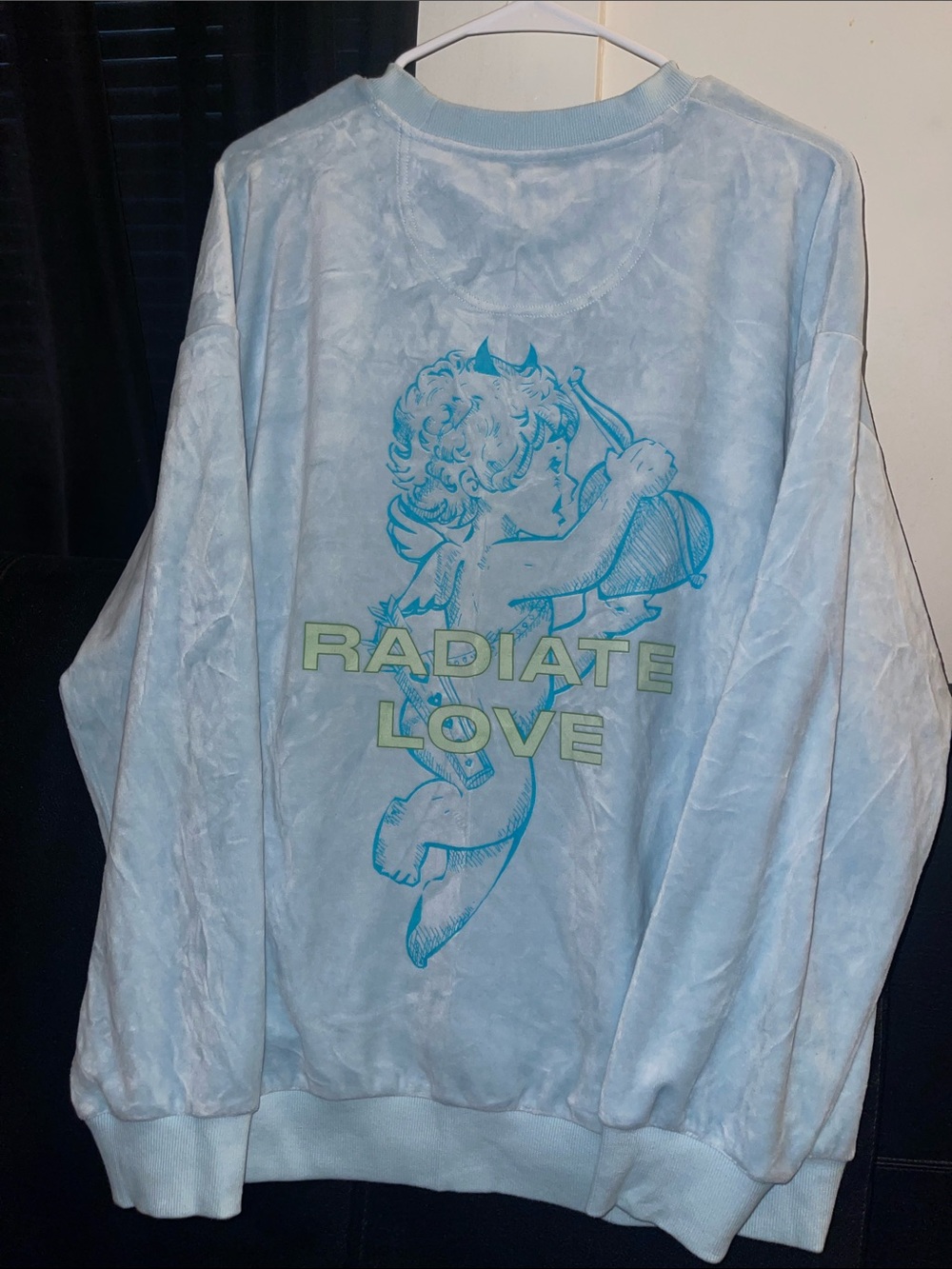 Boys Lie Men’s Powder Blue Velour SS w/Angel Graphic Radiate Love OSO NWOT
